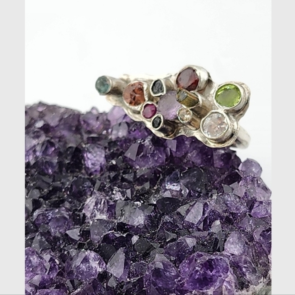 MULTISTONE CRYSTAL RING HANDMADE IN STERLING SILVER SIZE 5.5
